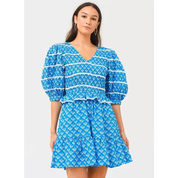 Sea Annika Smocked Dress Women's Small Blue Puff Sleeve V-Neck Mini Milkmaid - Picture 1 of 11